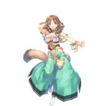  1girl amazuyu_tatsuki animal_ears arm_behind_head arm_up bangs bracelet breasts brown_hair eyebrows_visible_through_hair full_body fumiruiru_(utawareru_mono:_futari_no_hakuoro) green_hakama hakama highres japanese_clothes jewelry large_breasts long_hair looking_at_viewer official_art open_mouth solo tabi tail transparent_background underboob utawareru_mono utawareru_mono:_lost_frag 