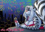  2020 anthro beverage blue_eyes breasts champagne_glass cleavage clothed clothing english_text felid female fireworks fluffy fluffy_tail fur hair hi_res holding_beverage holding_object holidays hybrid inner_ear_fluff lingerie long_hair looking_up mammal max_blackrabbit mephitid new_year pantherine skunk skyline smile solo striped_body striped_fur stripes text tiger tuft white_hair zig_zag 