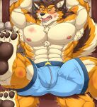 abs anthro barrel_(live-a-hero) biceps blush bulge canid canine canis clothing fur gapao hi_res live-a-hero male mammal multicolored_body multicolored_fur muscular muscular_anthro muscular_male nipples pawpads pecs underwear wolf 