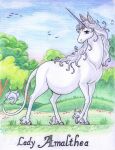  2007 amalthea_(tlu) avian belly big_belly bird colored_pencil_(artwork) equid equine female feral flower forest fur grass hair hooves horn leovictor looking_away mammal nature plant pregnant solo the_last_unicorn traditional_media_(artwork) tree unicorn white_body white_fur white_hair 