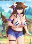  2021 5_fingers animal_humanoid anthro belt blurred_background bow_ribbon breasts clothed clothing digital_media_(artwork) eyebrows eyelashes female fingers hair hi_res horn humanoid long_hair looking_at_viewer navel open_mouth solo text twistedscarlett60 url 