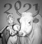  1girl 2021 absurdres animal_print bikini bikini_top blush chinese_zodiac cow_print greyscale highres looking_at_viewer mittens monochrome navel open_clothes original parted_lips print_bikini smile solo swimsuit upper_body wassnonnam year_of_the_ox 