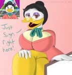  anthro avian beak big_breasts bird black_hair breasts brown_hair english_text eyeshadow eyewear feathers female glasses hair hi_res makeup ms._birdy non-mammal_breasts penguin rio_alternative sitting smile solo text webkinz white_body white_feathers 