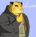  2009 anthro blue_background clothing cute_fangs felid fur hoodie humanoid_hands kemono male mammal overweight overweight_anthro overweight_male pantherine pink_nose simple_background solo text tiger topwear y_inuwashi yellow_body yellow_fur 