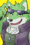  2:3 blush canid canine canis clothing dog_tags eyewear eyewear_on_head fur gg_ths_lah green_body green_fur hi_res leather live-a-hero male mammal solo sunglasses sunglasses_on_head topwear vest wolf wolf_villain_(live-a-hero) 