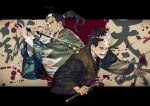  2boys ainu_clothes beard black_hair black_kimono black_suit blood blood_splatter blood_stain cropped_torso facial_hair fighting_stance glitch golden_kamuy grey_eyes haori highres hijikata_toshizou_(golden_kamuy) holding holding_sword holding_weapon japanese_clothes katana kimono light_smile long_hair long_sleeves male_focus multiple_boys old old_man ponytail sword thick_eyebrows transformation w55674570w weapon white_hair wrinkles yoichirou_(golden_kamuy) younger 