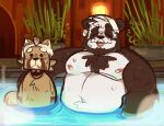  2021 anthro bathing belly black_body black_fur blush brown_body brown_fur detailed_background duo eyes_closed fur giant_panda hi_res male mammal moobs navel nipples overweight overweight_male procyonid raccoon scraffyraccoon towel ursid water white_body white_fur 