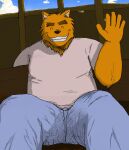  2009 anthro black_nose bottomwear brown_body brown_fur canid canine canis clothing domestic_dog eyes_closed fur hi_res kemono male mammal pants shirt sitting slightly_chubby solo topwear y_inuwashi 