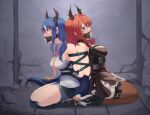  2girls absurdres arknights arms_behind_back back-to-back bdsm belt blue_hair bondage bound bound_together breasts callu_jy ch&#039;en_(arknights) commission dragon_tail dress gag gagged highres horns huge_filesize kneeling multiple_girls necktie plug_gag red_hair restrained second-party_source shirt shorts sleeveless sleeveless_shirt surtr_(arknights) tail thighhighs 