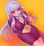  1girl artist_name breasts commentary cup_ramen danganronpa:_trigger_happy_havoc danganronpa_(series) eating english_commentary eyebrows_visible_through_hair food formal from_above kirigiri_kyouko long_hair long_sleeves looking_at_viewer medium_breasts missarilicious noodles office_lady parted_lips pencil_skirt purple_eyes purple_hair shadow signature simple_background skirt skirt_suit solo suit watermark yellow_background 