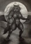  2021 anthro areola breasts canid canine canis female hi_res mammal moon night nipples nude outside sky solo teiirka traditional_media_(artwork) wolf 