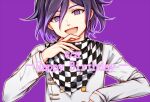  1boy :d bangs black_hair checkered checkered_neckwear checkered_scarf danganronpa_(series) danganronpa_v3:_killing_harmony dated grey_jacket hair_between_eyes hand_on_own_chin hand_up happy_birthday jacket long_sleeves looking_at_viewer male_focus meipoi open_mouth ouma_kokichi purple_background purple_eyes purple_hair scarf simple_background smile solo straitjacket upper_body 