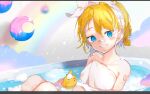  1girl bare_arms bare_shoulders bathing bathtub blonde_hair blue_eyes collarbone foam grin highres kagamine_rin looking_at_viewer messy_hair moon_(ornament) naked_towel number_tattoo oyamada_gamata pale_skin rubber_duck shoulder_tattoo sitting smile soap_bubbles tattoo tied_hair towel vocaloid wet wet_hair 