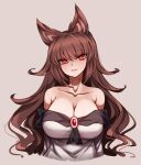  1girl animal_ears breasts brooch brown_hair cleavage collarbone dress eyebrows_visible_through_hair highres imaizumi_kagerou jewelry large_breasts long_hair long_sleeves looking_at_viewer off-shoulder_dress off-shoulder_shirt off_shoulder open_mouth raptor7 red_eyes shirt solo touhou upper_body white_dress wolf_ears 