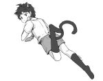  1boy animal_ears artist_name cat_boy cat_ears cat_tail danganronpa_(series) danganronpa_2:_goodbye_despair dated extra_ears foot_up from_behind full_body greyscale hinata_hajime kemonomimi_mode kneehighs looking_at_viewer looking_back lying male_focus meipoi monochrome necktie no_shoes on_stomach shirt short_hair short_sleeves shorts signature simple_background socks solo tail white_background 