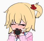  1girl akai_haato blonde_hair bow bug chibi eating eyebrows_visible_through_hair food hair_bow hair_ornament holding holding_food hololive min4min simple_background solo spider tarantula virtual_youtuber 