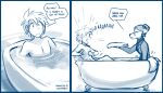  anthro bath bathroom bathtub blue_and_white canid canine canis conditional_dnp duo english_text eyewear female fur glasses hair hi_res human keidran male mammal monochrome roselyn_(twokinds) screaming sketch surprise teleportation text tom_fischbach towel trace_legacy twokinds webcomic wolf 