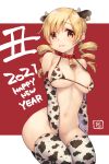  1girl 2021 animal_ears animal_print bangs bell bell_collar bikini bikini_top blonde_hair blush bottomless breasts cleavage collar cow_ears cow_horns cow_print drill_hair ear_tag elbow_gloves extra_ears eyebrows_visible_through_hair gloves happy_new_year horns kneeling large_breasts looking_at_viewer mahou_shoujo_madoka_magica navel new_year po_ni print_bikini print_gloves print_legwear solo swimsuit tomoe_mami twin_drills yellow_eyes 
