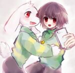  &lt;3 ambiguous_gender asriel_dreemurr bovid caprine cellphone chara_(undertale) duo goat human jewelry long_ears male mammal monster necklace phone red_eyes undertale unknown_artist video_games young 