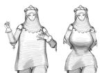  1girl absurdres breasts cowboy_shot gloves greyscale hands_up helmet highres large_breasts looking_at_viewer monochrome multiple_views original pajamas_challenge simple_background sketch smile wassnonnam white_background 