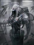  backpack bag blurry blurry_background esuthio halo highres holding holding_staff humanoid_robot looking_ahead no_humans open_hand original robot science_fiction solo_focus staff wire 