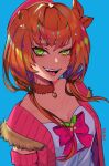  1girl adriabie artist_name ayunda_risu bangs bow breasts brown_hair cleavage fang fur_choker green_eyes hair_leaf hair_ornament hairclip highres hololive hololive_indonesia looking_at_viewer medium_breasts off_shoulder open_mouth pink_bow solo tongue tongue_out twintails 