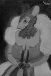  2019 anthro big_breasts black_background black_body black_fur breasts charcoal_(artwork) cleavage clothed clothing dress female frilly frilly_clothing fur greyscale hi_res looking_at_viewer mammal monochrome murid murine pastel_(artwork) pattern_clothing portrait pose pupils queen rat rodent royalty sejantlamb simple_background sitting slit_pupils solo striped_clothing stripes traditional_media_(artwork) 