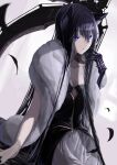  1girl absurdres animal_ears arm_up bangs blue_eyes breasts hair_between_eyes highres long_hair looking_at_viewer mechanical_arm medium_breasts mikisai open_mouth original purple_hair scythe sidelocks simple_background solo weapon white_background 