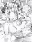  1girl bathing blush breasts bucket cleavage closed_mouth completely_nude convenient_censoring double_bun greyscale highres honey_strap horns large_breasts looking_at_viewer monochrome nanashi_(nlo) nude onsen sidelocks smile solo steam steam_censor suou_patra 
