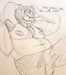  2020 animal_crossing anthro areola armpit_hair belly big_belly black_and_white body_hair bottomwear chest_tuft clothed clothing dialogue eyebrows fangs felid half-closed_eyes hand_on_head hands_behind_head head_tuft lion looking_at_viewer lounging male mammal mane monochrome narrowed_eyes navel nintendo open_mouth overweight overweight_anthro overweight_male pantherine pecs pillow raised_eyebrows rex_(animal_crossing) seductive shorts sitting sketch smile solo teeth topless tuft video_games xleepy 