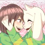 ambiguous_gender asriel_dreemurr blush bovid caprine chara_(undertale) clothed clothing duo eyes_closed face_grab fur goat hi_res human long_ears male mammal monster smile undertale unknown_artist video_games white_body white_fur young 