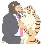  2012 anthro barazoku bottomwear brown_body brown_fur clothing duo felid fur genitals kedama kemono kissing lion male male/male mammal muscular muscular_male necktie pantherine pants penis pubes shirt simple_background tiger tongue tongue_out topwear white_background 
