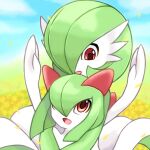  2girls arms_up bangs blue_sky bob_cut cloud colored_skin commentary_request day eye_contact field flower flower_field gardevoir gen_3_pokemon green_hair green_skin hair_over_one_eye happy highres hug hug_from_behind kirlia looking_at_another looking_down looking_up multicolored multicolored_skin multiple_girls open_mouth outdoors petals pokemon pokemon_(creature) red_eyes rorosuke short_hair sitting sitting_on_lap sitting_on_person sky smile two-tone_skin upper_body white_skin yellow_flower 