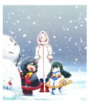  3girls :d =_= black_coat black_hair blue_eyes boots closed_eyes coat eyebrows gyosone hands_in_pockets junketsu kamui_(kill_la_kill) kill_la_kill kiryuuin_ragyou kiryuuin_satsuki long_hair matoi_ryuuko mother_and_daughter multicolored_hair multiple_girls open_mouth parent_and_child senketsu shinra-koketsu smile snow snowing snowman spoilers streaked_hair thick_eyebrows white_coat white_hair winter winter_clothes winter_coat 