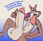  ahegao anthro arm_support balls big_balls big_penis big_tongue bodily_fluids brown_body brown_fur canid canine canis chip_the_wolf cookie_crisp countershading cross-eyed dialogue eyebrows fangs fluffy fluffy_tail fur genitals gradient_background huge_balls huge_penis hyper hyper_balls hyper_genitalia hyper_penis leaning_on_elbow looking_pleasured lying male mammal nude on_back penis purple_nose raised_eyebrows saliva simple_background sitting solo teeth throbbing_penis tongue tongue_out toony wolf xleepy 