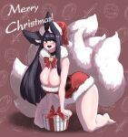  5_fingers ahri_(lol) all_fours animal_humanoid arm_support bare_shoulders bell big_breasts big_ears black_body black_fur black_hair blush bow_tie breasts brown_background butt canid canid_humanoid canine canine_humanoid choker christmas christmas_clothing christmas_headwear cleavage clothed clothing costume english_text eyebrow_through_hair eyebrows facial_markings female fingers fox_humanoid fur gift hair hat head_markings headgear headwear hi_res holidays huge_breasts humanoid inner_ear_fluff jewelry jingle_bell league_of_legends long_hair looking_aside mammal mammal_humanoid markings melee_weapon multi_tail necklace open_mouth plantigrade riot_games santa_costume santa_hat shadow simple_background solo sword teeth text tongue translucent translucent_hair tuft video_games weapon white_body white_fur white_skin wide_hips yabby 