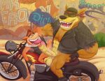  abs activision anthro balls bandicoot bodily_fluids bottomless clothed clothing crash_bandicoot crash_bandicoot_(series) dasyuromorph duo foreskin genitals hi_res jacket leather leather_clothing leather_jacket leather_topwear male male/male mammal marsupial mkcrown motorcycle muscular muscular_male penis pubes size_difference sweat thylacine tiny_tiger tongue tongue_out topwear vehicle vein veiny_penis video_games 