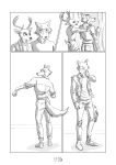  2021 absurd_res anthro antlers beastars belt black_and_white bottomwear canid canine canis cervid clothed clothing comic dress_shirt duo ffog footwear hi_res horn jacket legoshi_(beastars) louis_(beastars) male mammal monochrome open_clothing open_jacket open_topwear pants scar shirt shoes shopping simple_background standing topwear torn_bottomwear torn_clothing torn_pants white_background wolf 