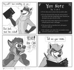  2021 3_fingers absurd_res anthro big_eyes canid canine comic death_note dialogue digital_drawing_(artwork) digital_media_(artwork) duo english_text fingers fox greyscale hi_res humor male mammal monochrome multiple_scenes narrowed_eyes nik159 nik_(nik159) notebook open_mouth open_smile parody pencil_(object) procyonid raccoon simple_background smile text url white_background 