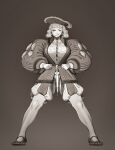  1girl absurdres bangs belt blunt_bangs breasts cleavage full_body greyscale hat highres jewelry knife large_breasts long_sleeves monochrome necklace original puffy_long_sleeves puffy_sleeves shoes short_hair smile solo standing wassnonnam white_hair 