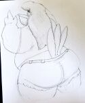  2020 anthro avian beak beard belly belt big_belly big_butt bird black_and_white bottomwear butt butt_focus clothed clothing cut-off_jeans eyebrows facial_hair feathers hair hotpants long_hair male monochrome mullet overweight overweight_anthro overweight_male rear_view shirt shorts sketch slightly_chubby solo stork thick_eyebrows thick_thighs tight_clothing topwear wide_hips xleepy 