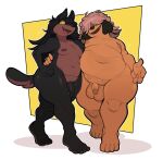  anthro balls belly big_balls big_belly black_body black_nose canid canine canis chubby_male cute_fangs dobermann domestic_dog duo flaccid floppy_ears genitals girly hair hair_over_eyes hand_on_hip herding_dog hi_res long_hair lucas_(sssonic2) male male/male mammal moobs navel nude open_mouth overweight overweight_male pastoral_dog penis pinscher robin_(submarine_screw) sheepdog simple_background slightly_chubby smile sparkles submarine_screw tan_body thick_thighs waist_grab wide_hips 