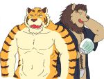  2007 anthro asian_clothing barazoku brown_body brown_fur clothing duo east_asian_clothing eyes_closed felid fundoshi fur japanese_clothing kedama kemono lion male mammal pantherine robe simple_background tiger underwear white_background yellow_body yellow_fur 