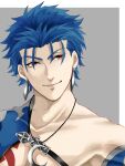  1boy blue_hair bodypaint close-up closed_mouth crescent_necklace cu_chulainn_(fate)_(all) earrings fate/grand_order fate_(series) jewelry lancer looking_to_the_side male_focus red_eyes simple_background smile solo spiked_hair strap type-moon yanaki_(ynyaan_3) 