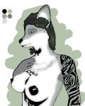  anthro black_nipples black_nose breasts canid canine exposed_breasts female fox grey_fox hand_on_chest leaning leaning_back looking_away mammal nipples pursed_lips simple_background solo switch_(tc) tac-cat tattoo urocyon 