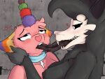  animate_inanimate anthro black_body black_fur bodily_fluids breasts collar cross dunewulff dup fangs female female/female french_kissing fur kissing living_pi&ntilde;ata nipples pi&ntilde;ata pink_body pink_fur saliva scp-1471 scp-956 scp_foundation skull_face tongue 