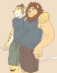  2008 anthro barazoku bottomwear clothing duo felid fur hug humanoid_hands kedama kemono lion male male/male mammal pantherine pants shirt tiger topwear 