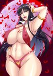  1girl arm_up armpits bat black_hair blood breasts commentary_request covered_nipples curvy fangs hand_on_hip large_breasts long_hair mifune_seijirou moon nail_polish navel o-ring purple_eyes solo vampirella vampirella_(character) wide_hips 