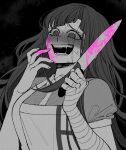  1girl apron bandaged_arm bandages bangs black_background blood blood_on_face bloody_hands bloody_weapon bong_(0u0bon) danganronpa_(series) danganronpa_2:_goodbye_despair gradient gradient_background hands_up holding holding_weapon knife long_hair looking_at_viewer mole mole_under_eye monochrome open_mouth pink_blood puffy_short_sleeves puffy_sleeves short_sleeves solo sweat teeth tsumiki_mikan upper_body weapon 