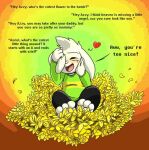  &lt;3 asriel_dreemurr blush bovid caprine clothed clothing compliment eyes_closed flower fur goat long_ears male mammal monster paws plant solo text undertale unknown_artist video_games white_body white_fur yellow_flowers young 